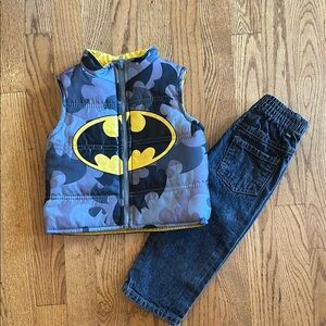 Batman Grey and Yellow Puffer Vest with Jeans